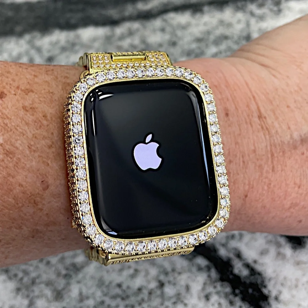 New Apple Watch bling bezel case in Yellow gold with lab diamonds